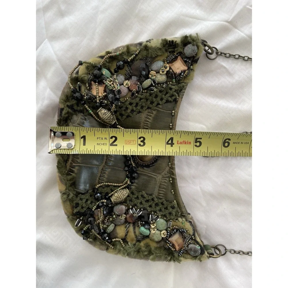 MARY FRANCES Green Leather Croc Highly Embellished Faux Fur Hobo Shoulder Bag